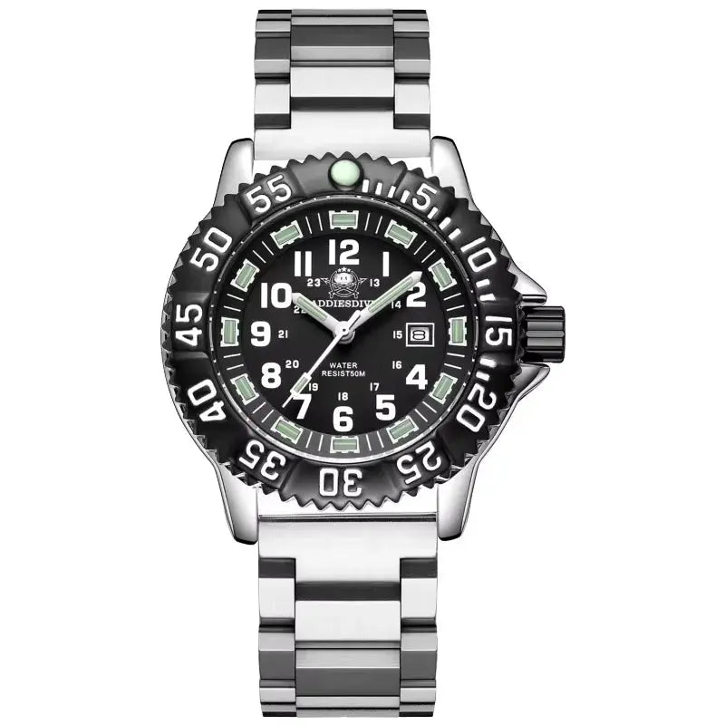 Simples Market ADDIESDIVE quartz men's watch, stainless steel strap, black dial, luminous markers, 50m water resist