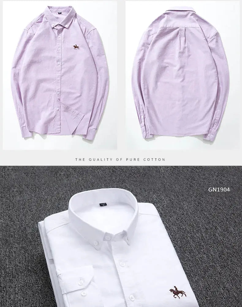 Casual pure cotton Oxford men's shirts set of 3: lavender long-sleeve shirts and a white dress shirt with horse embroidery.