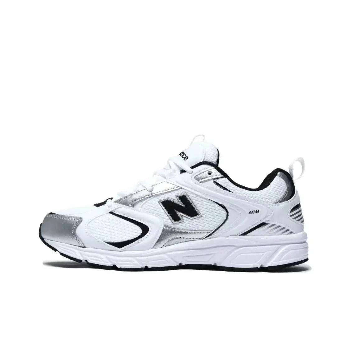 Unisex low-top running shoes, white with silver accents and NB logo, model 408