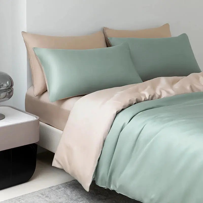 Mulberry Silk Bedding Set by Simples Market; 100% silk duvet cover set with beige and mint green sheets and pillowcases