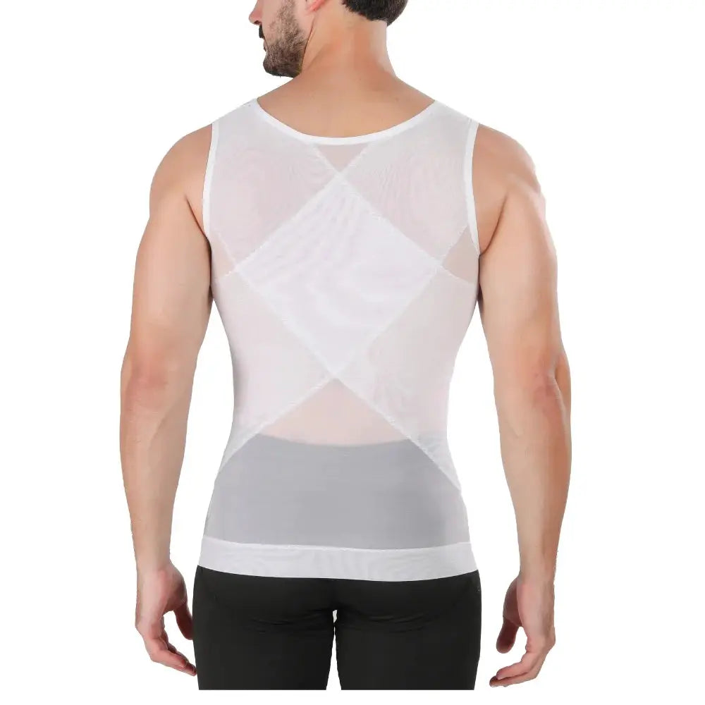 Men's white compression tank top with diamond mesh back panels for a slim chest