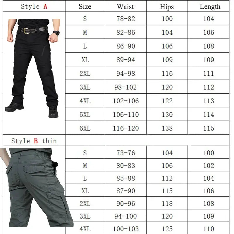 Simples Market Tactical Cargo Pants for Men; two styles (black and gray) with multiple pockets and waterproof fabric