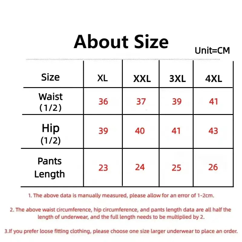 Men's underwear size chart showing waist, hip, and pants length by size (XL–4XL) in cm.