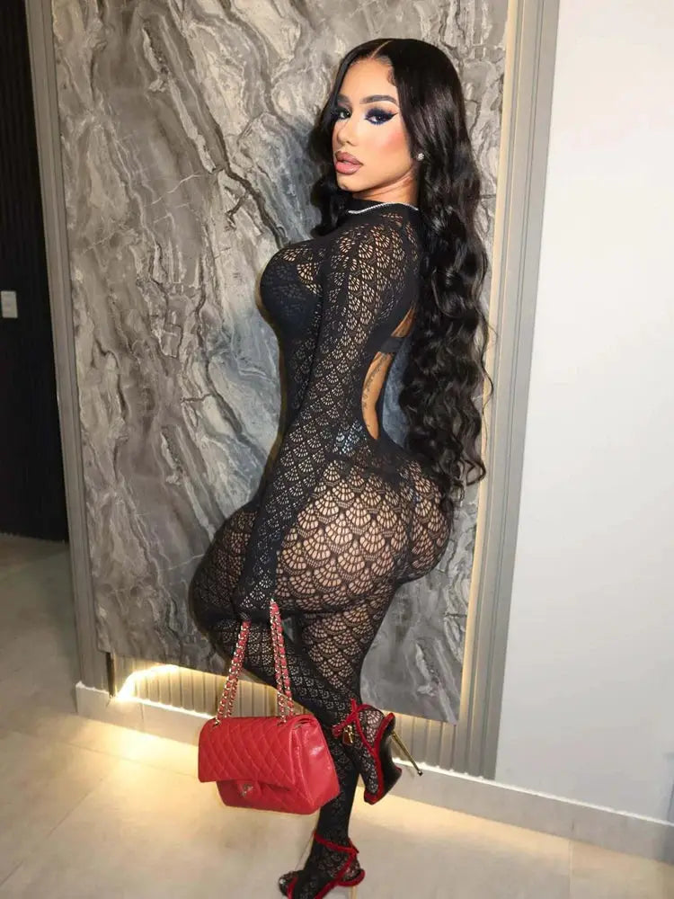 Women's black lace mesh jumpsuit, see-through backless bodycon for club and night-out party wear look