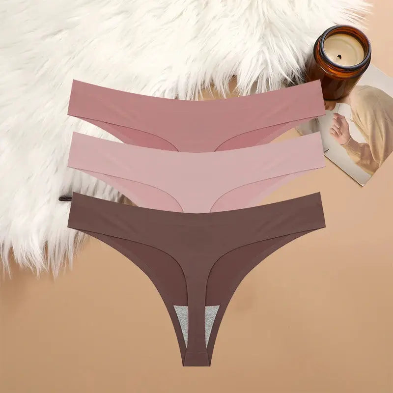 Three-piece women's G-string underwear set in brown and pink shades; seamless, low-rise, breathable.