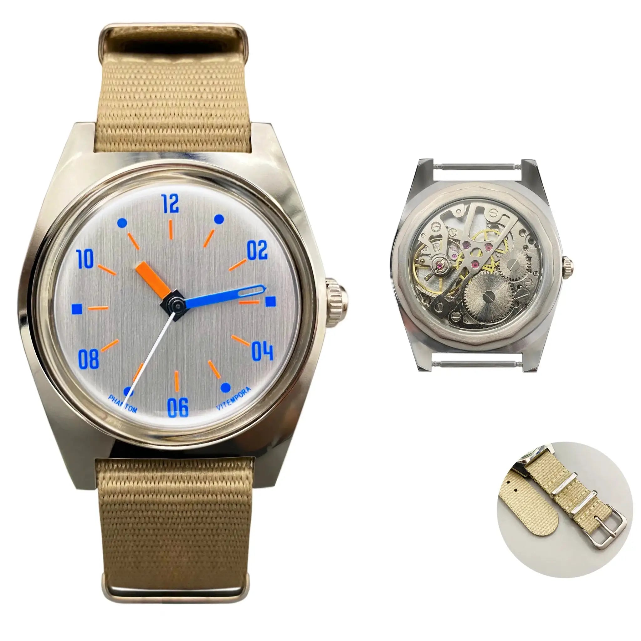 Hand-wind mechanical men's watch by Simples Market with tan fabric strap; front dial and back movement.