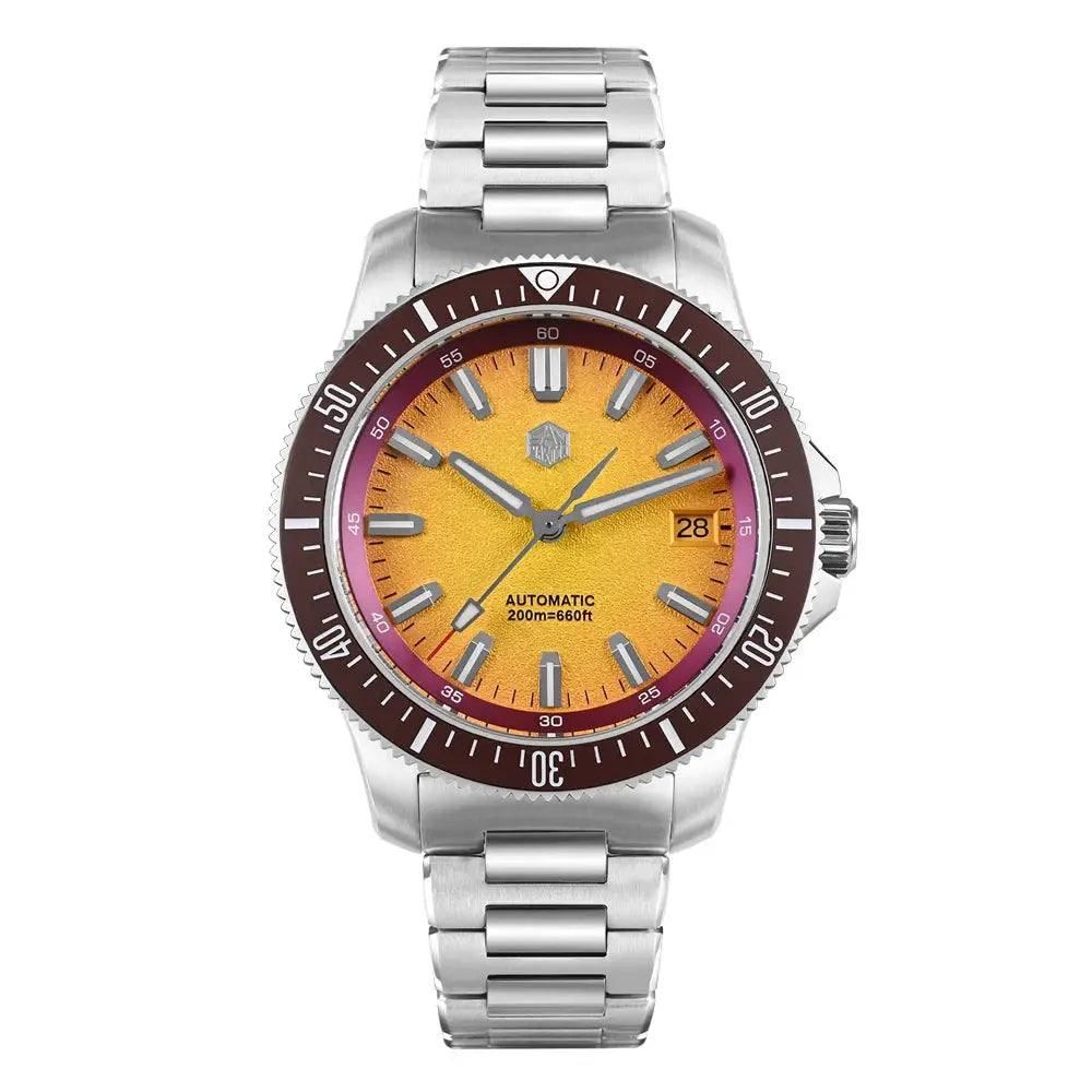 San Martin 40mm dive watch with orange dial and stainless steel bracelet