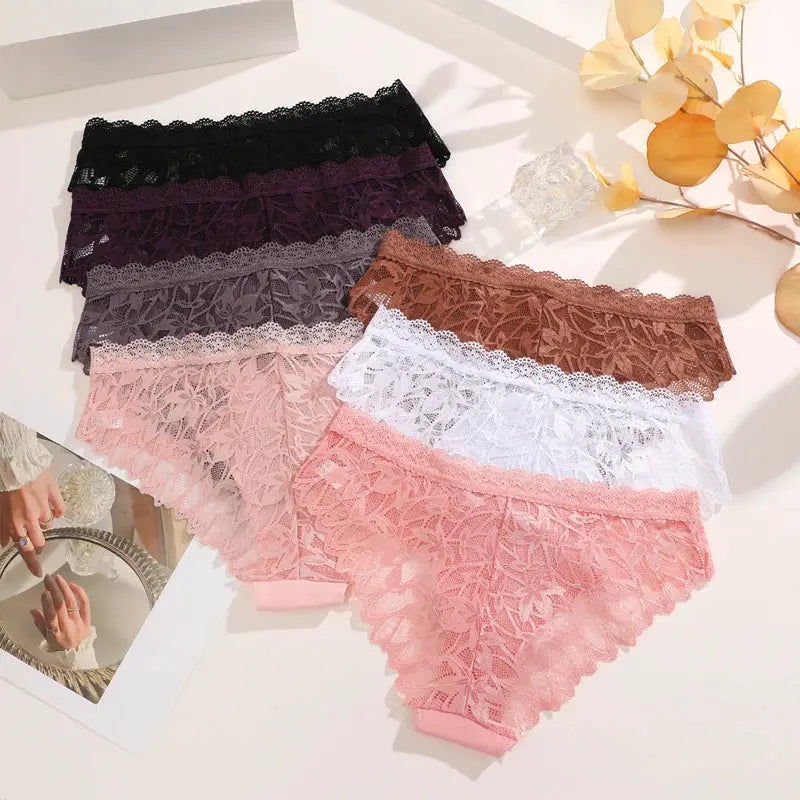 Six-piece women's lace hollow-out briefs set, low-waist floral lace underwear in black, purple, gray, brown, white, pink