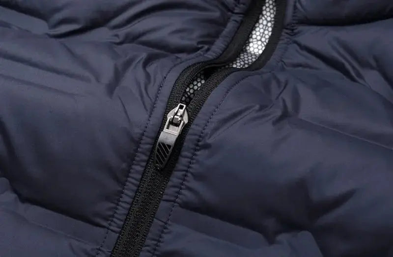Men's navy blue duck-down puffer jacket with front zipper and mesh inner lining