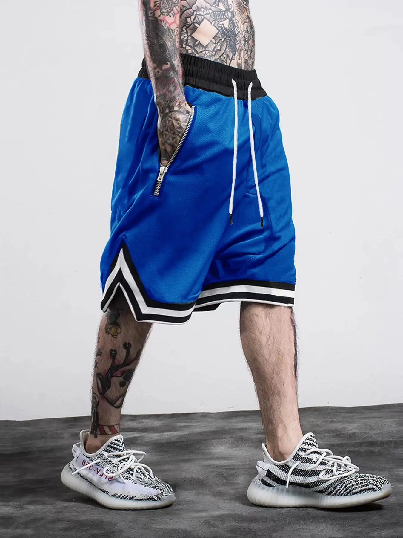 Men's blue mesh quick-dry gym shorts with zip pocket and drawstring