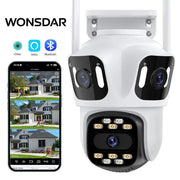 WONSDAR three-lens IP security camera with WiFi and PTZ auto-track, white, shown with smartphone app