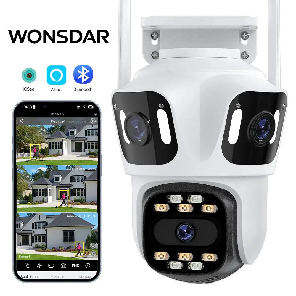 WONSDAR three-lens IP security camera with WiFi and PTZ auto-track, white, shown with smartphone app