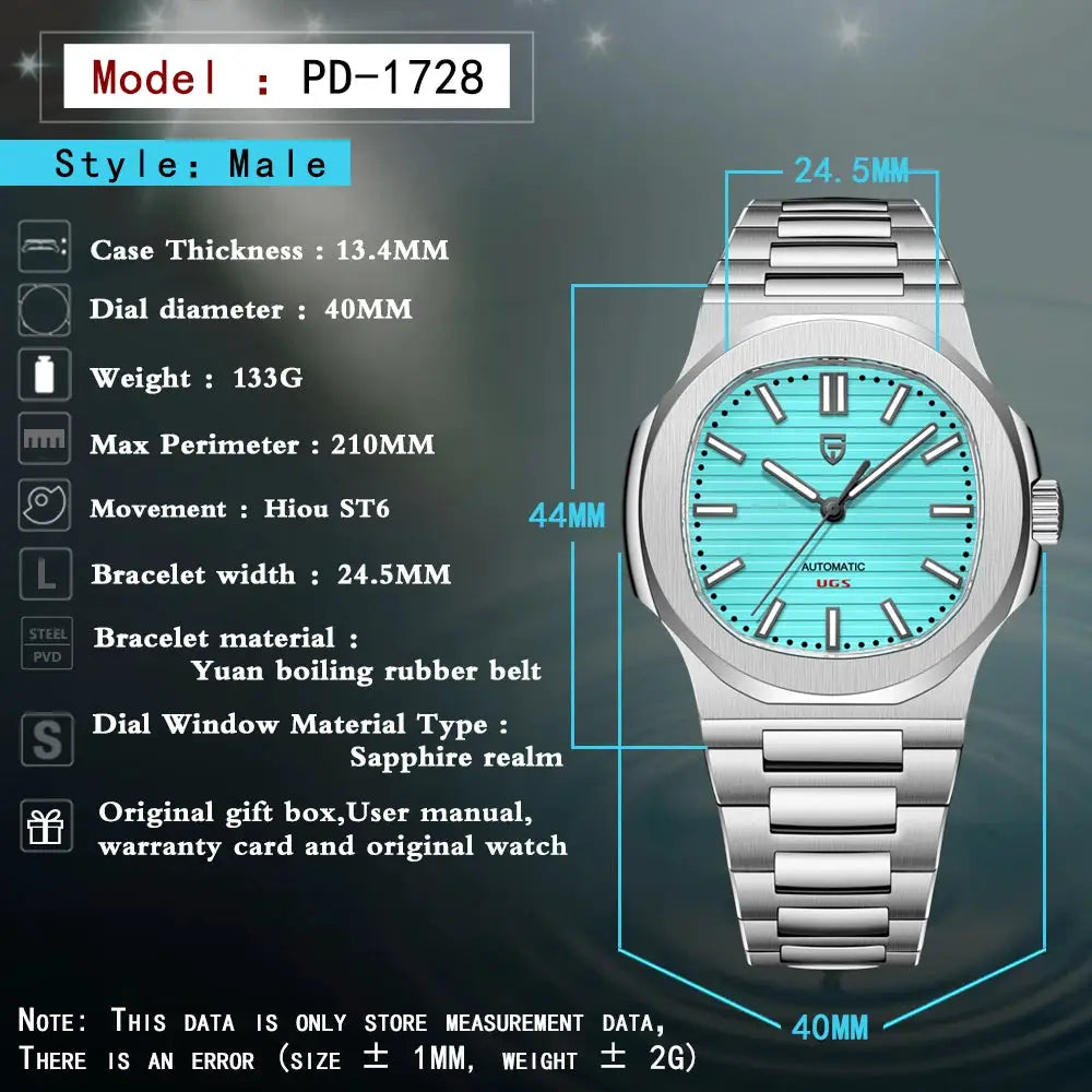 PAGANI DESIGN 40mm men's stainless steel automatic watch with turquoise dial and sapphire glass