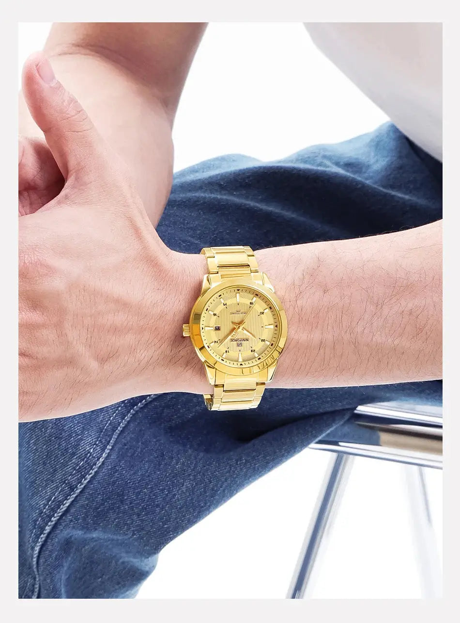 Gold-tone men's wristwatch with stainless steel bracelet and date display.