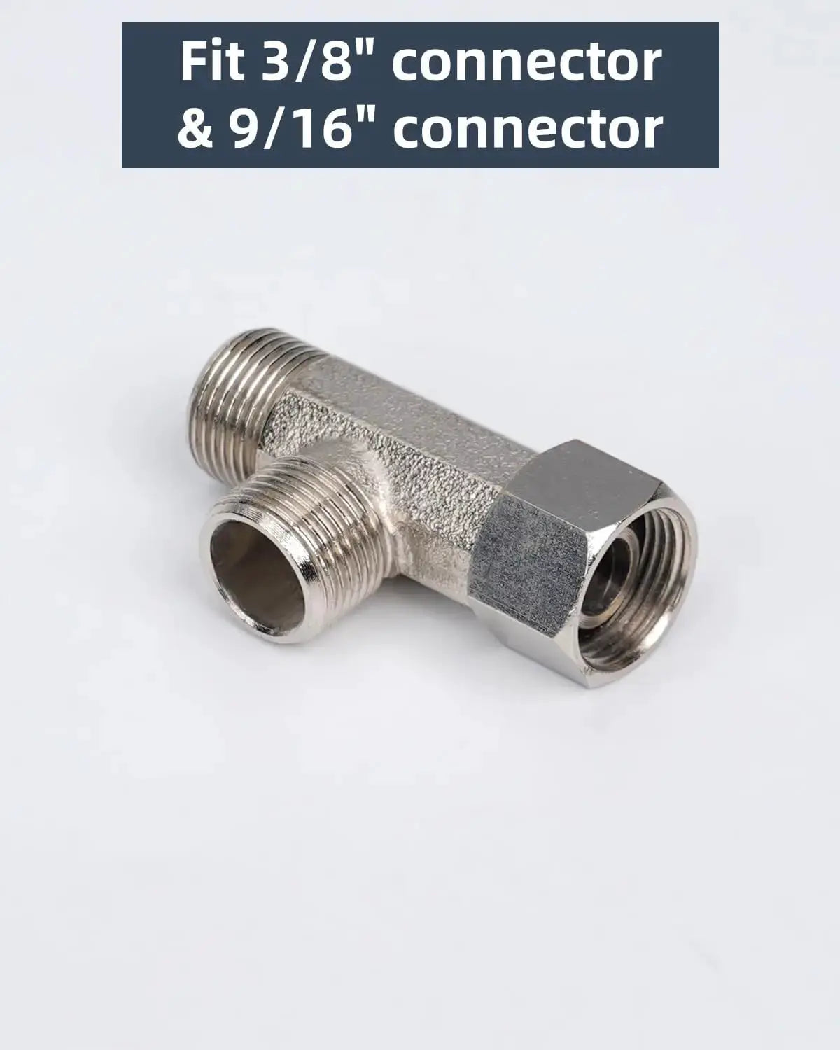 Brass T-valve adapter connector for bathroom fixtures; chrome finish with 3/8 in, 1/2 in, and 9/16 in threads