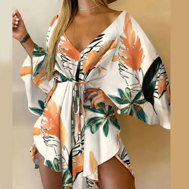 Women Boho Floral Print V Neck Bat Sleeve Ruffle Sundress Beach
