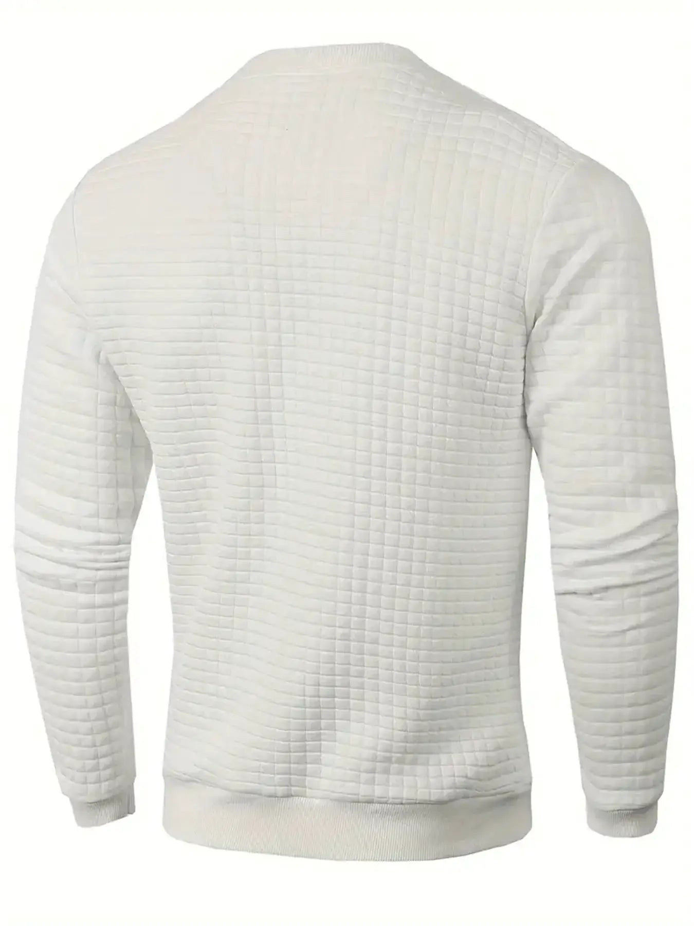 Men's quilted crew-neck pullover sweater in light gray with grid-stitched pattern and ribbed cuffs