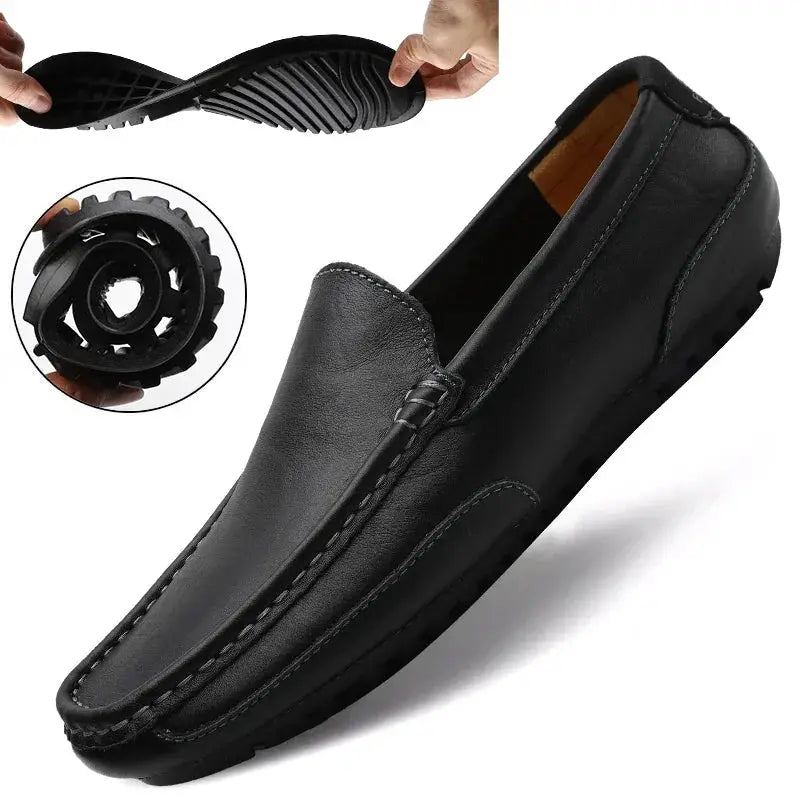 Simples Market genuine leather breathable moccasins for men, black slip-on loafers with driving flat sole.