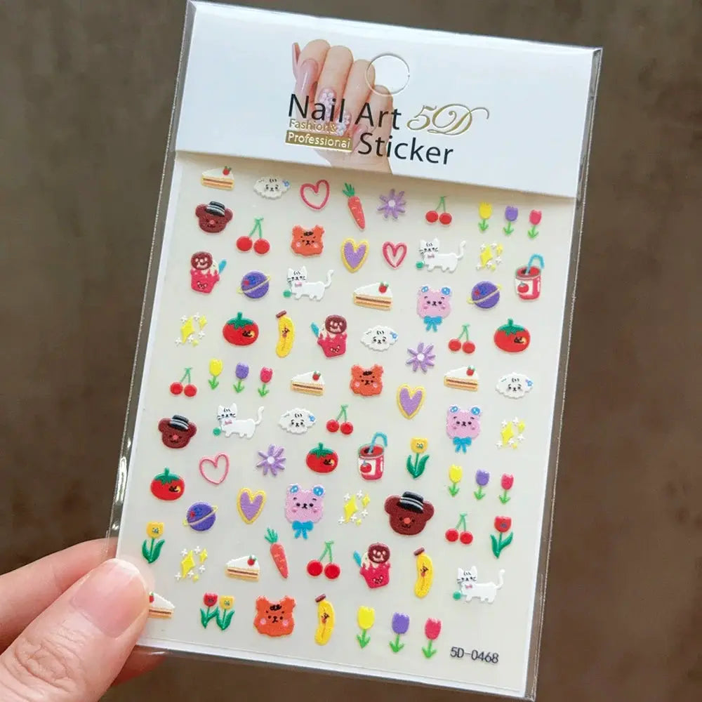 Nail art 5D sticker sheet with colorful macaron, flower, fruit and animal charms (bear, rabbit); Simples Market