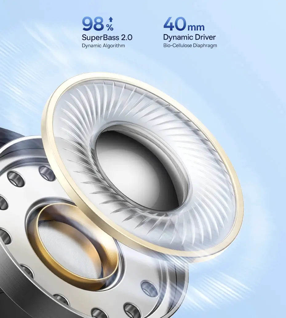 Baseus EH10 NC ANC wireless headphones cross-section with gold and silver driver rings.