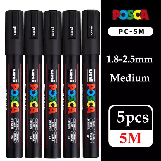 Uni POSCA paint markers set of 5 PC-1M/PC-3M/PC-5M in original vinyl pen case
