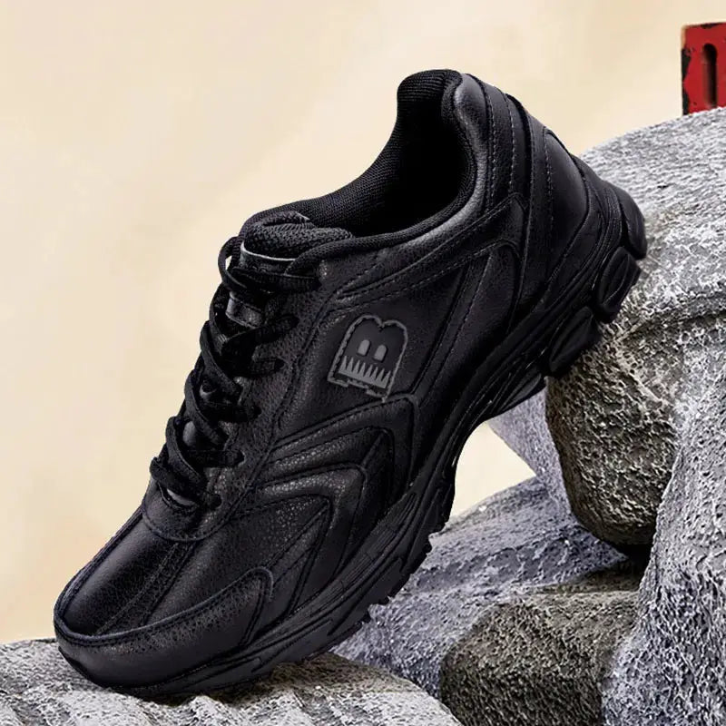 BONA men's running shoes; black lace-up athletic sneakers with rugged sole and side logo