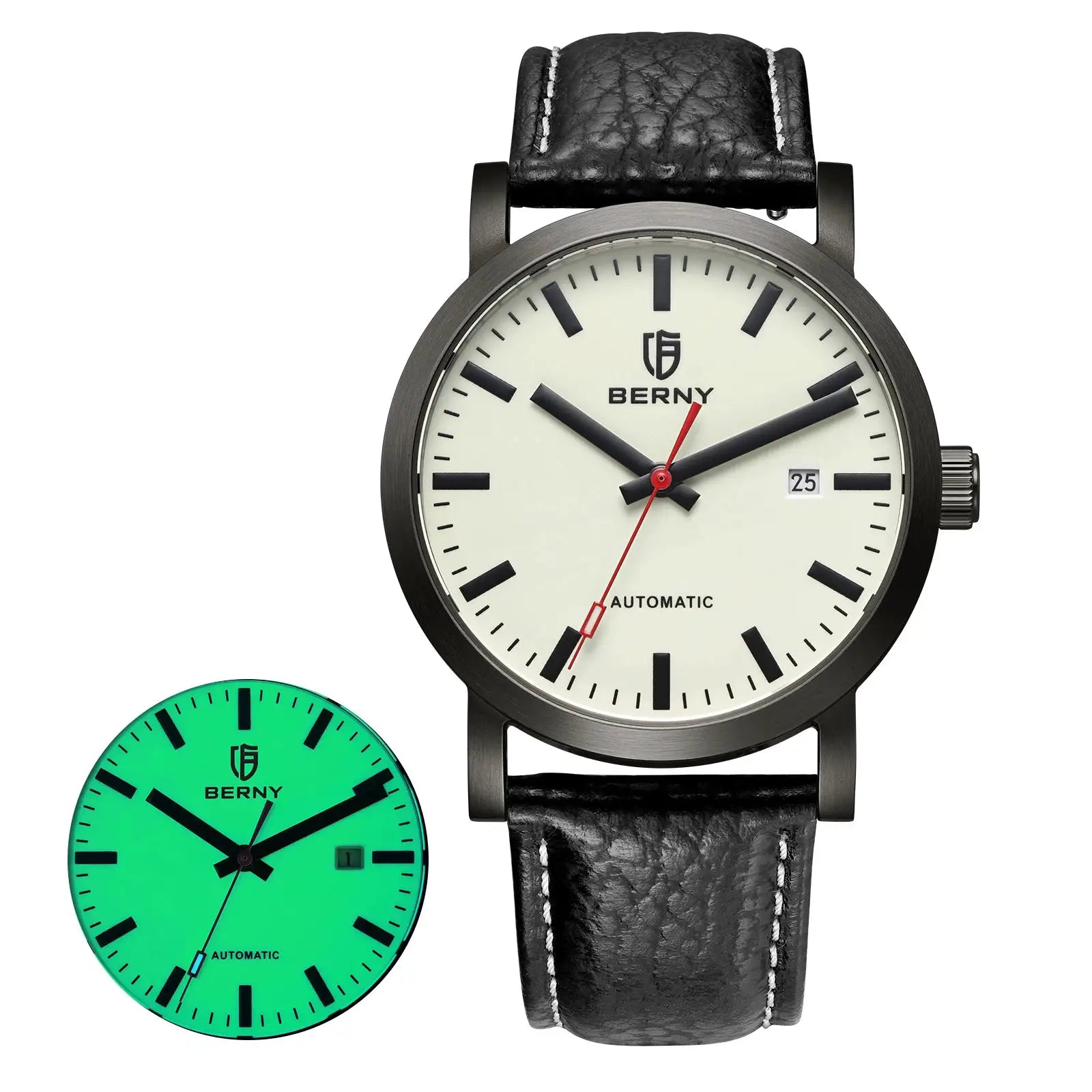BERNY automatic men's wristwatch with cream dial, black case and leather strap; 3-color variants shown