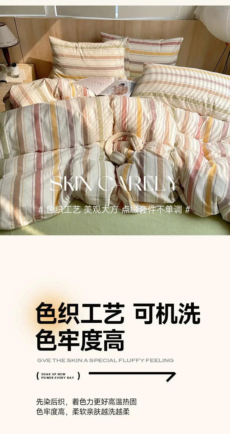 Simples Market 100% cotton striped bedding set with duvet cover and pillowcases on a bed in pastel colors