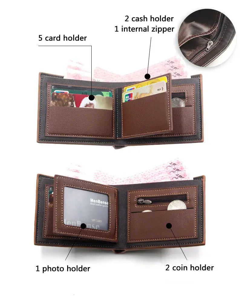 Simples Market men's brown leather wallet with 5 card slots, photo ID window, coin pockets and internal zipper