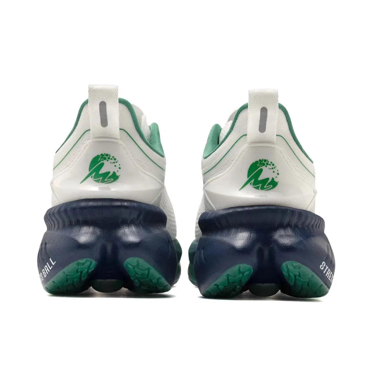 ONEMIX sneakers by Simples Market, back view of a pair with white mesh upper, green trim, navy outsole with green tread