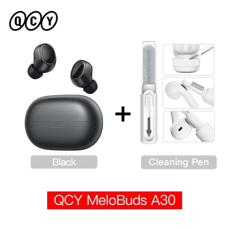 QCY MeloBuds A30 wireless earbuds pair in black with charging case and cleaning pen