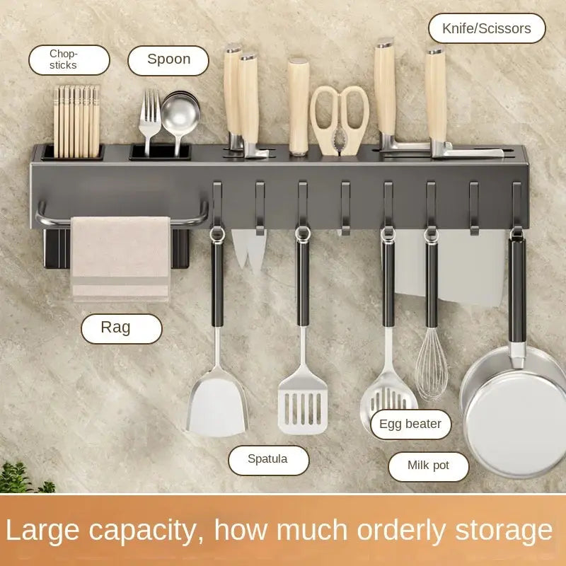 Simples Market tool-free kitchen wall-mounted utensil organizer with knife storage and wooden-handled tools
