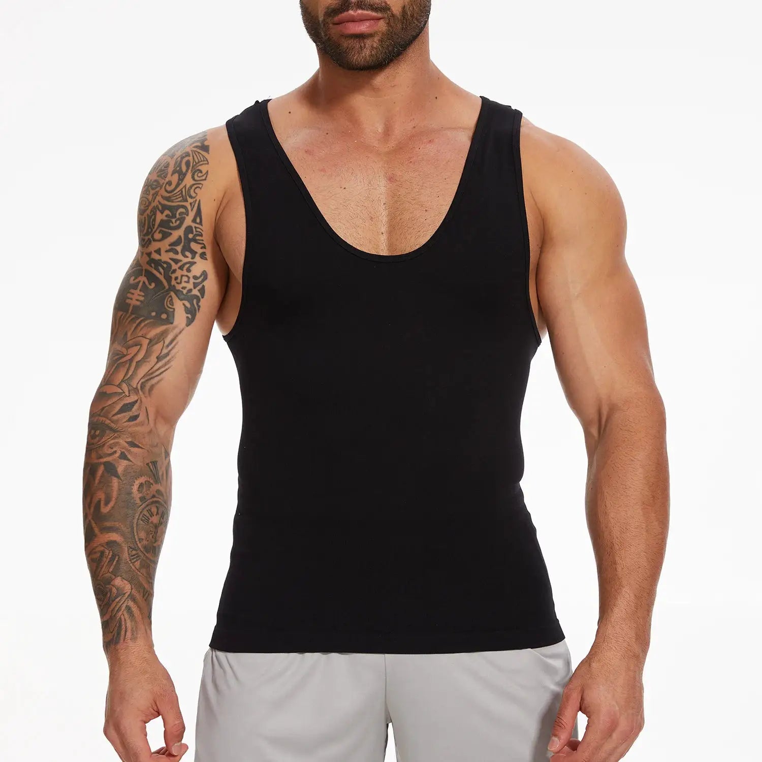 Men's black compression tank top for tummy control; sleeveless, fitted shapewear