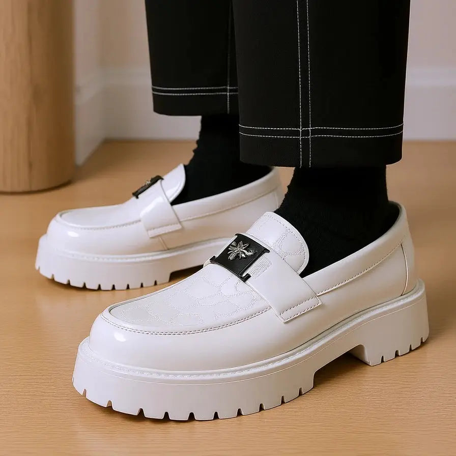 Men's white leather loafers with bee-design buckle, slip-on style, chunky platform sole
