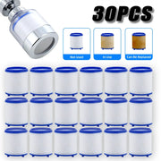 Simples Market 30-piece faucet filter cartridges; white PP cotton filters with blue rims for kitchen and bath.