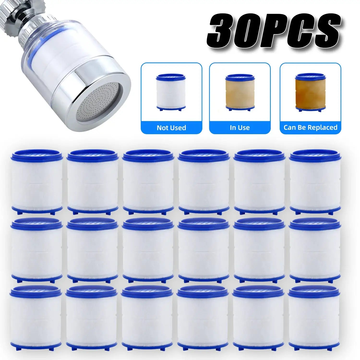 Simples Market 30-piece faucet filter cartridges; white PP cotton filters with blue rims for kitchen and bath.