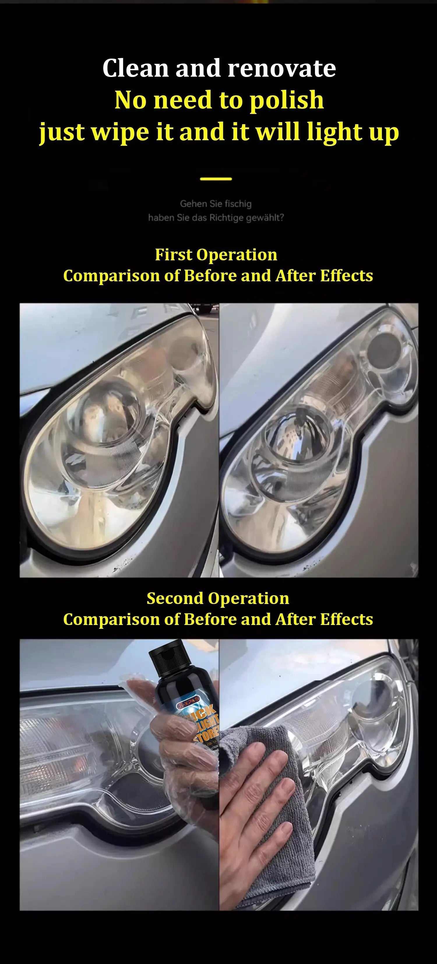 Headlight restoration polishing paste kit by Simples Market; before/after headlamp images with bottle.