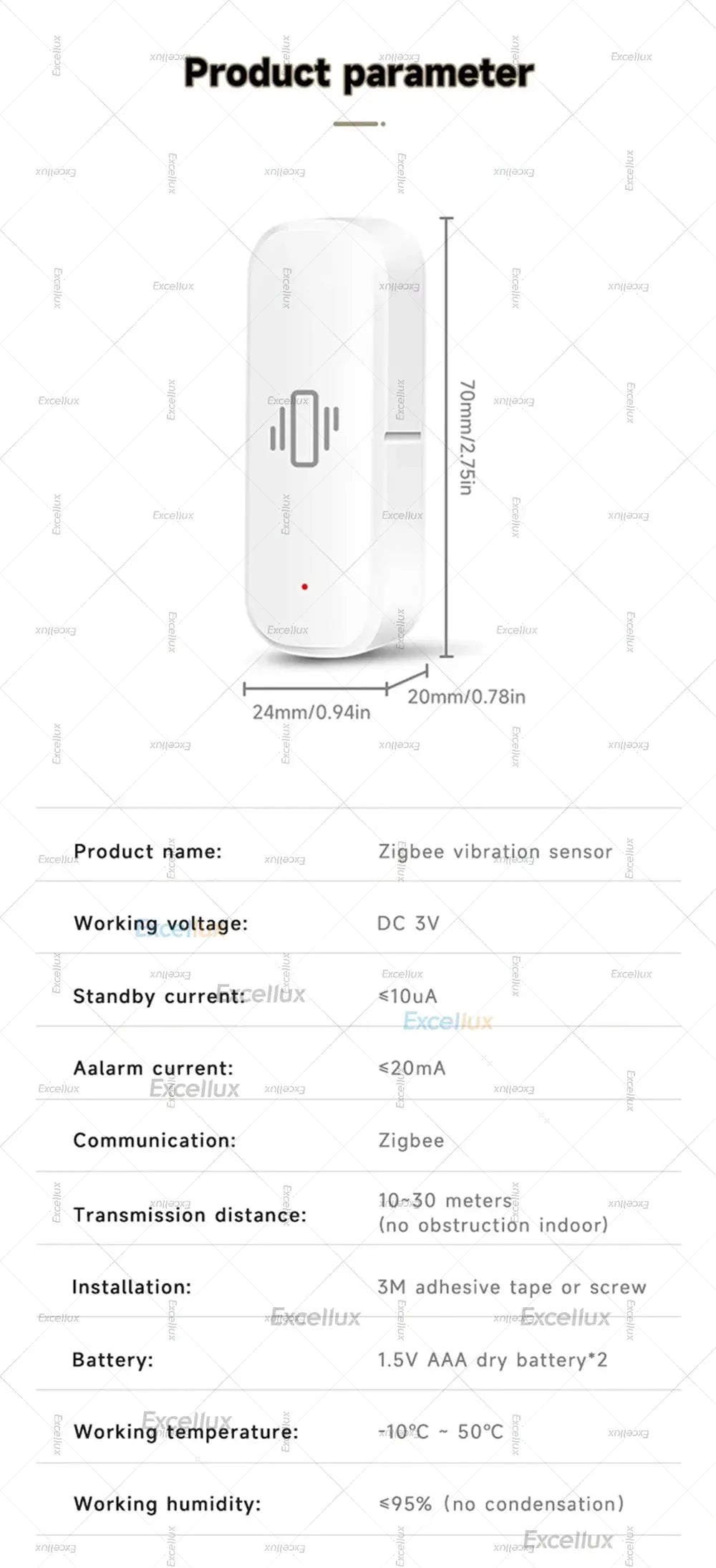 ZigBee vibration sensor tilt detector, white, compact security sensor.