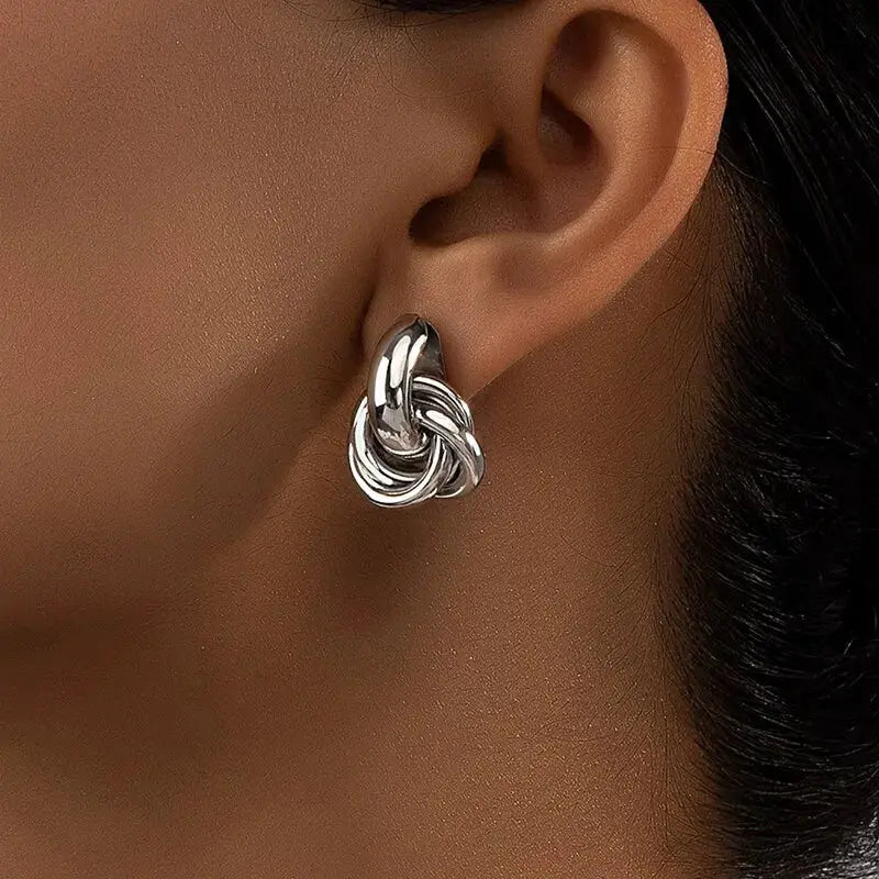 2 Pair Knot Hoop Earrings Set For Women Gold And Silver Tone Shiny Plating Trendy Stud Daily Wear Jewelry