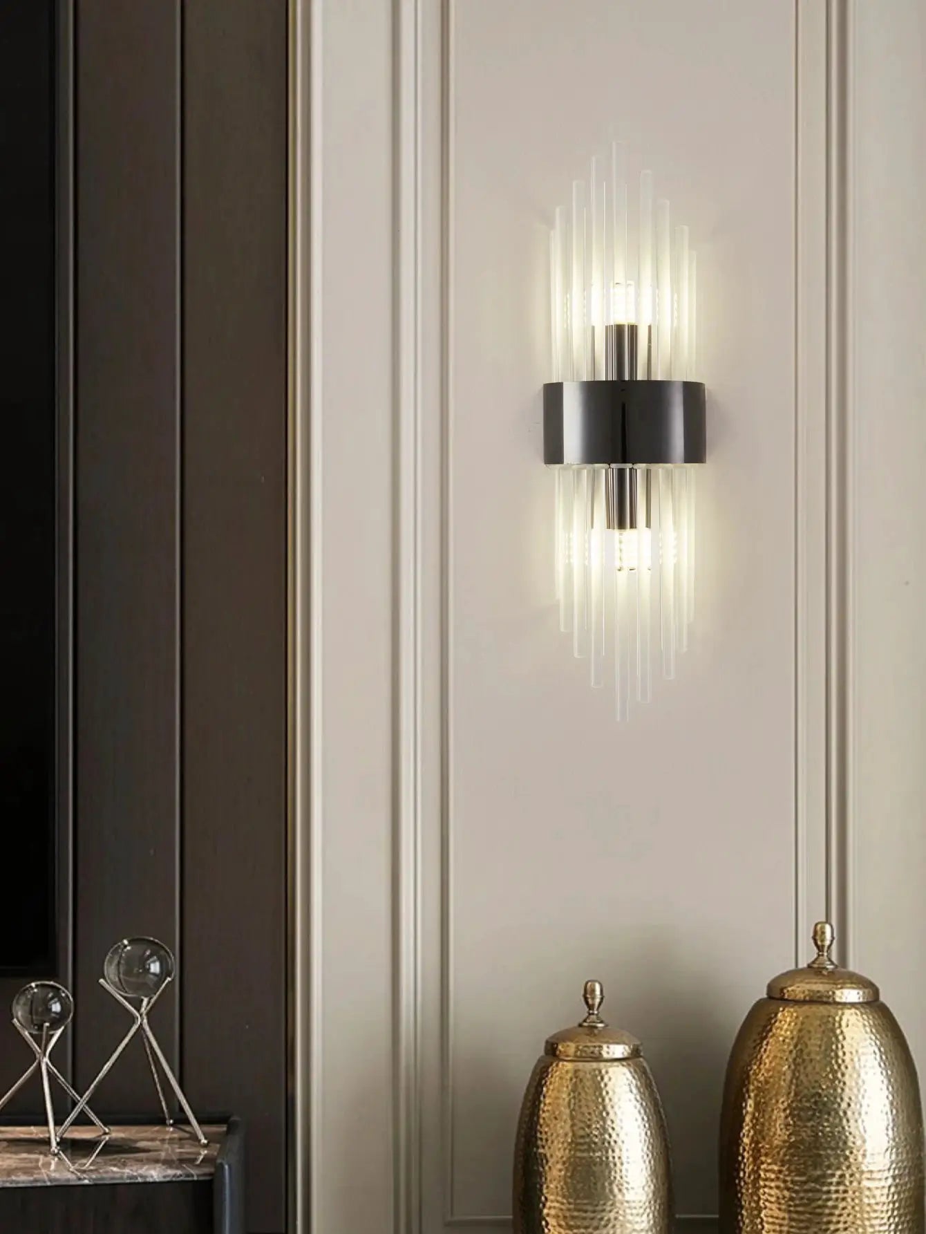 Crystal wall sconce in gold and black stainless steel with glass vertical rods, Simples Market
