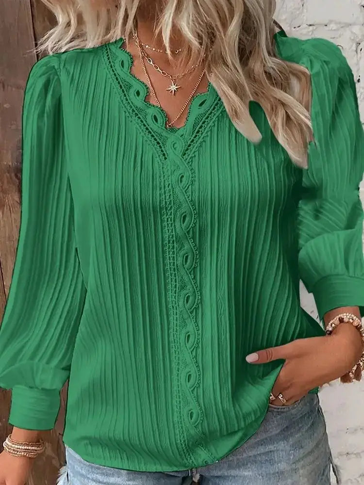 Green lace-patchwork blouse with V-neck and long sleeves, lace-trim placket by Simples Market
