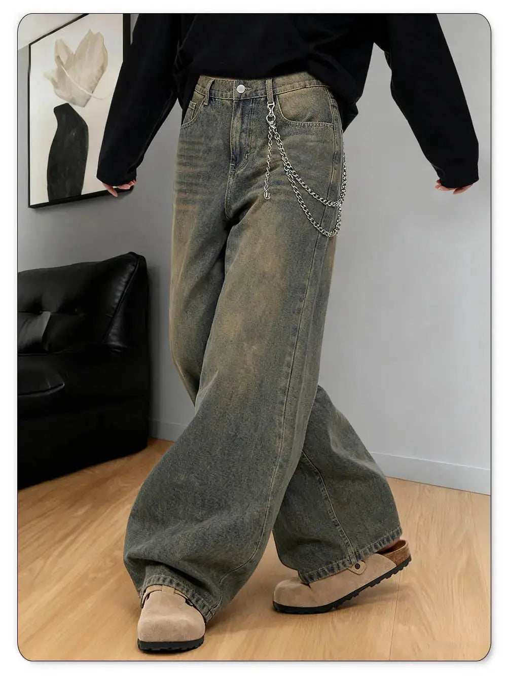 LIYS American Retro baggy wide-leg distressed gray-washed denim jeans with silver chain accessory