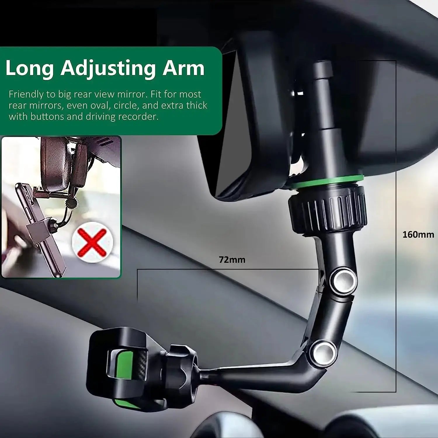 Rearview mirror phone holder with long adjustable arm, black finish, 360° rotatable car mount for all vehicles