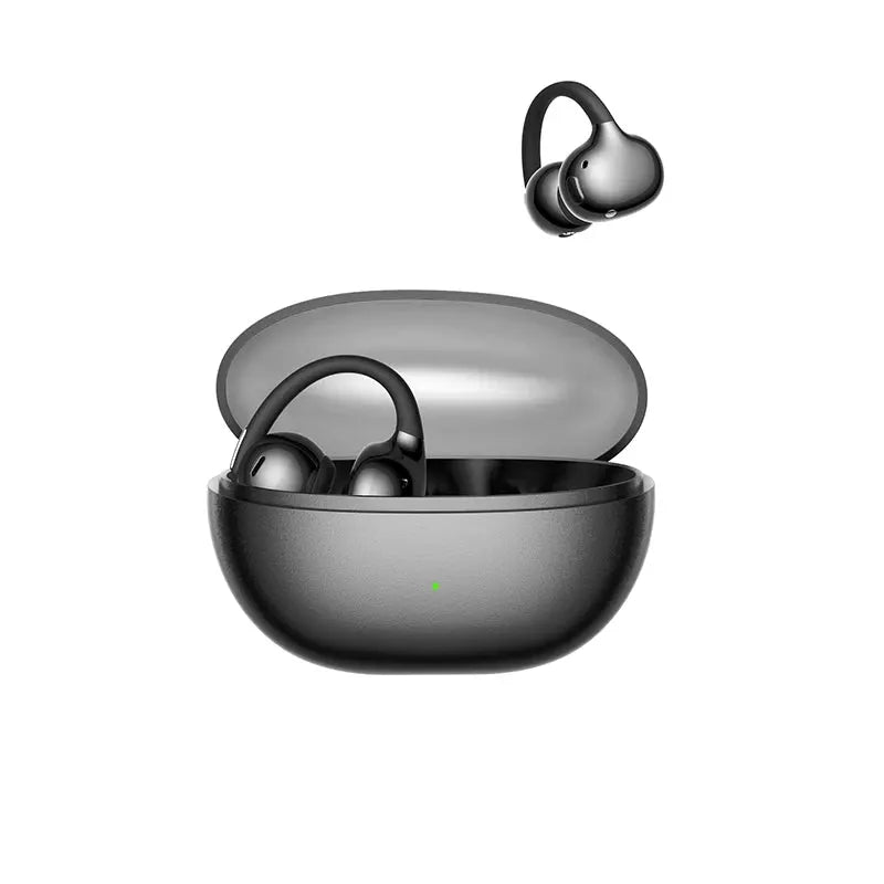 Baseus Bowie MC2 AIR clip-on TWS wireless earbuds with open charging case in metallic gray