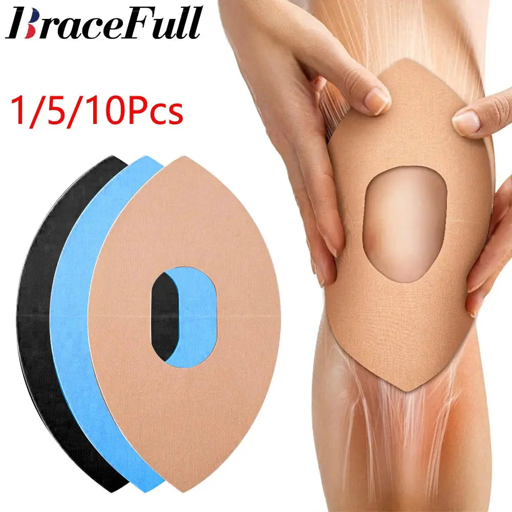 Knee kinesiology tape set by BraceFull; elastic waterproof athletic knee tape in beige, blue, black; 1/5/10 pcs