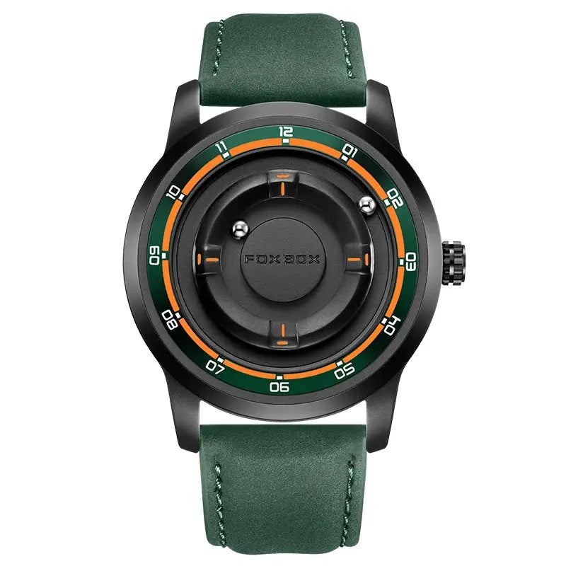 FOXBOX men's watch with green strap, black case, and green/orange bezel