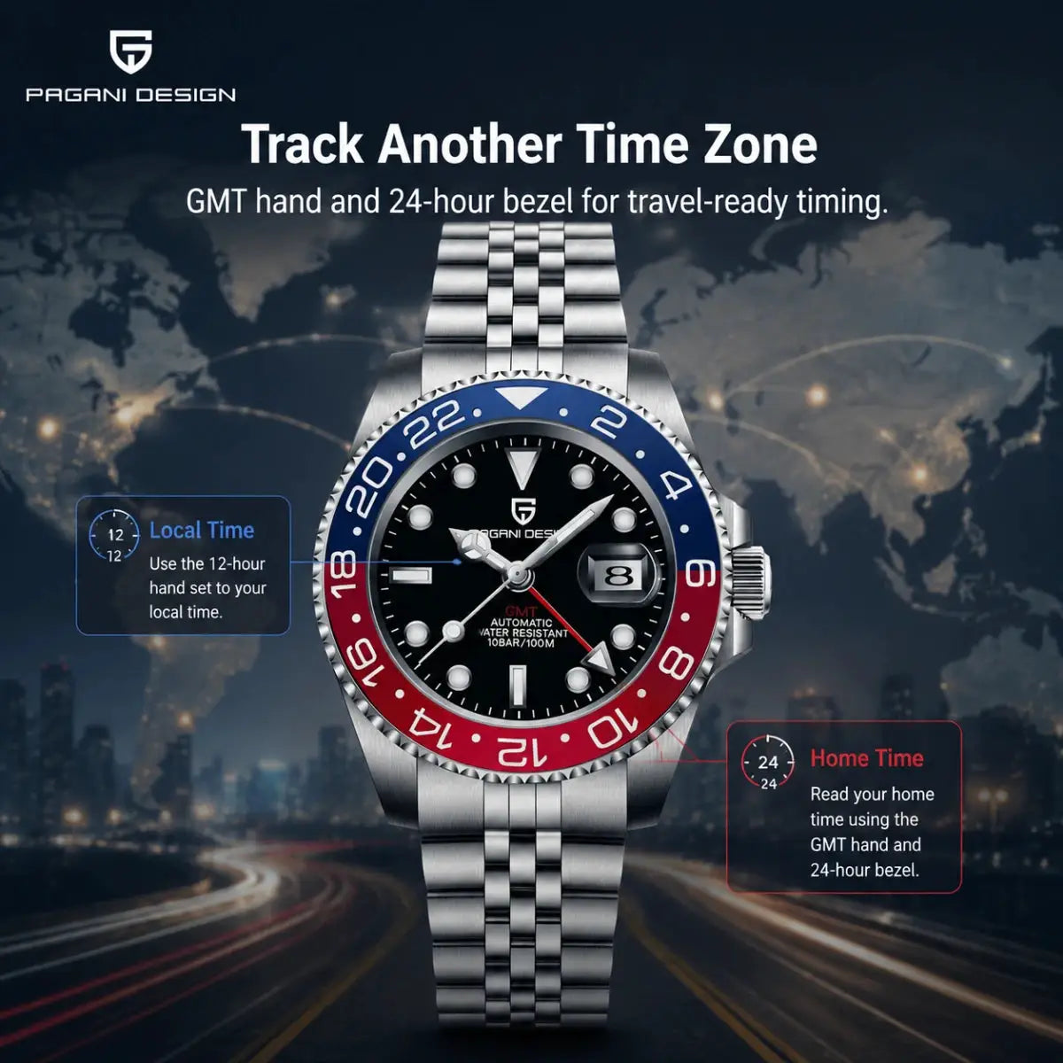 Pagani Design luxury men's stainless steel GMT watch with Pepsi bezel, black dial, date window, sapphire crystal