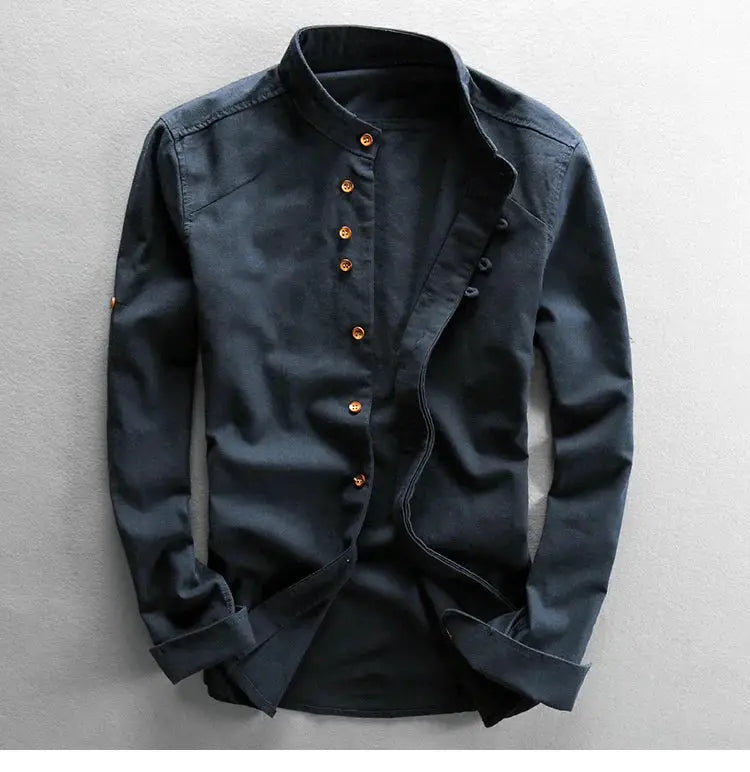 Men's navy linen-cotton shirt by Simples Market with stand collar and long sleeves, brown buttons