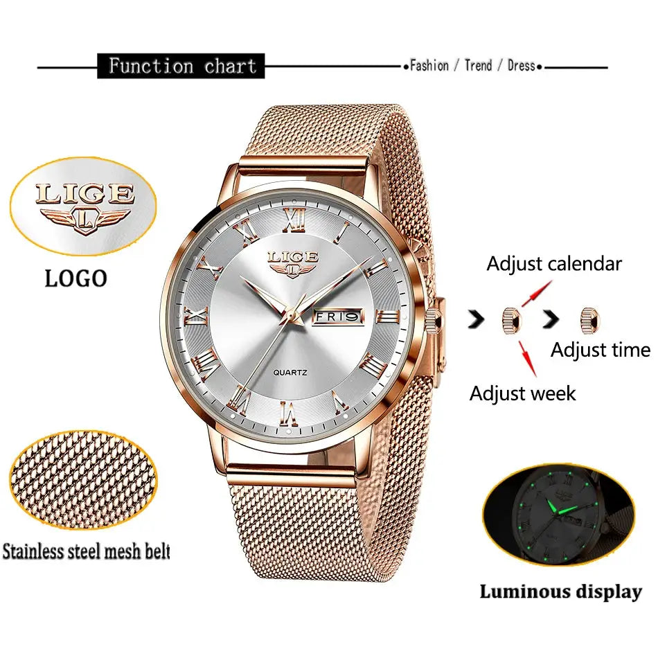 LIGE women's rose-gold stainless steel mesh watch with Roman numerals and date window