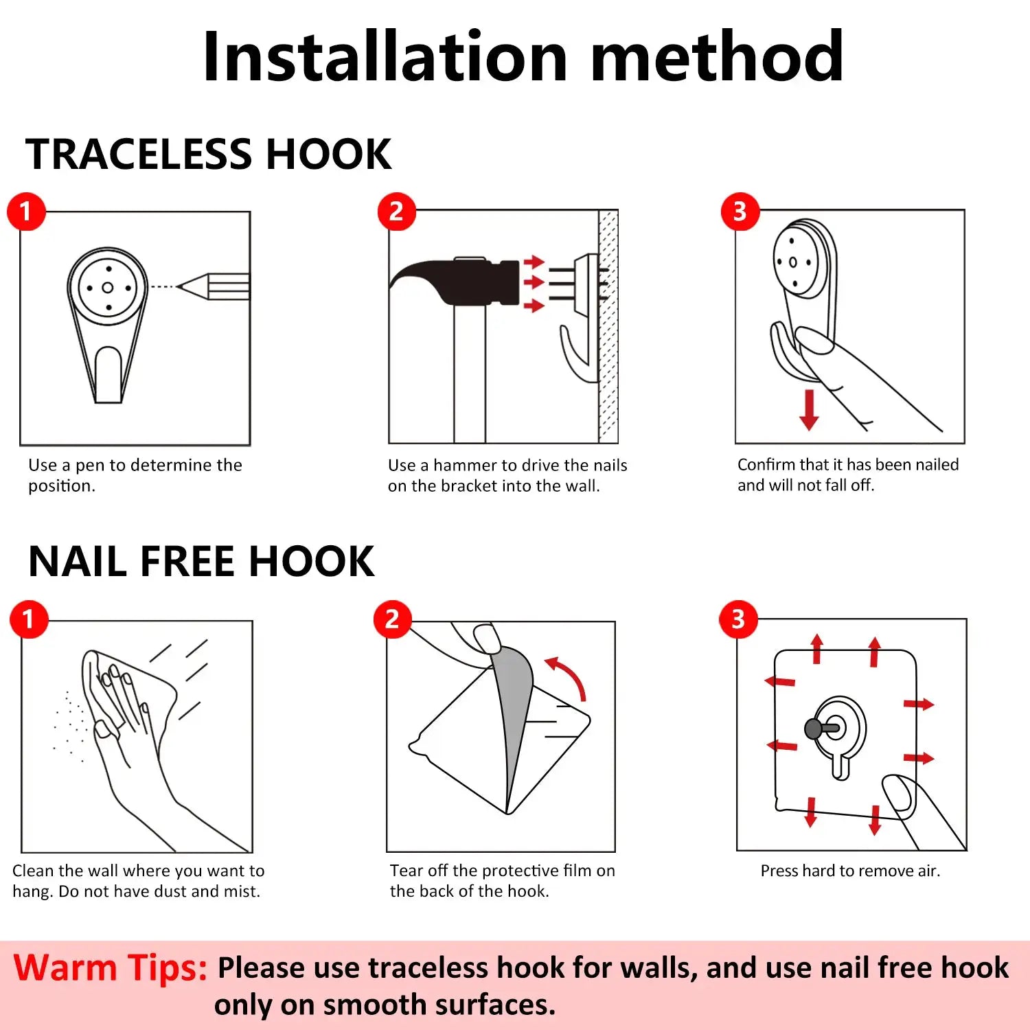 Wall hook installation guide for traceless and nail-free hooks with 3-step diagrams.